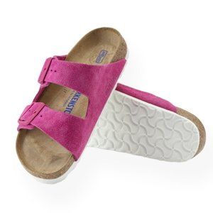 Birkenstock Pink and White Sandals with Cork Footbed